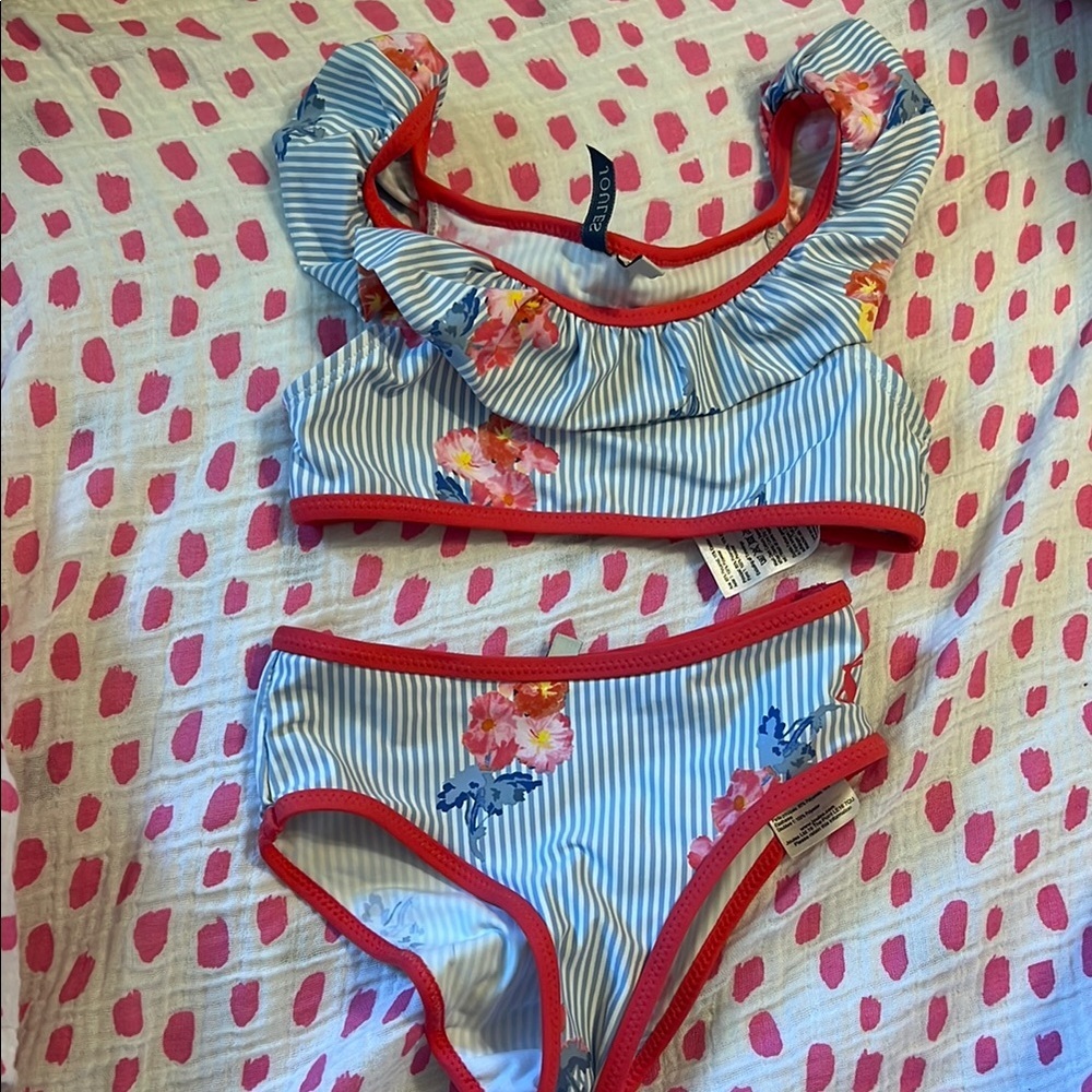 Joules Girls 2Y Blue White Striped Floral Ruffle Bikini Two Piece Swimsuit Set
